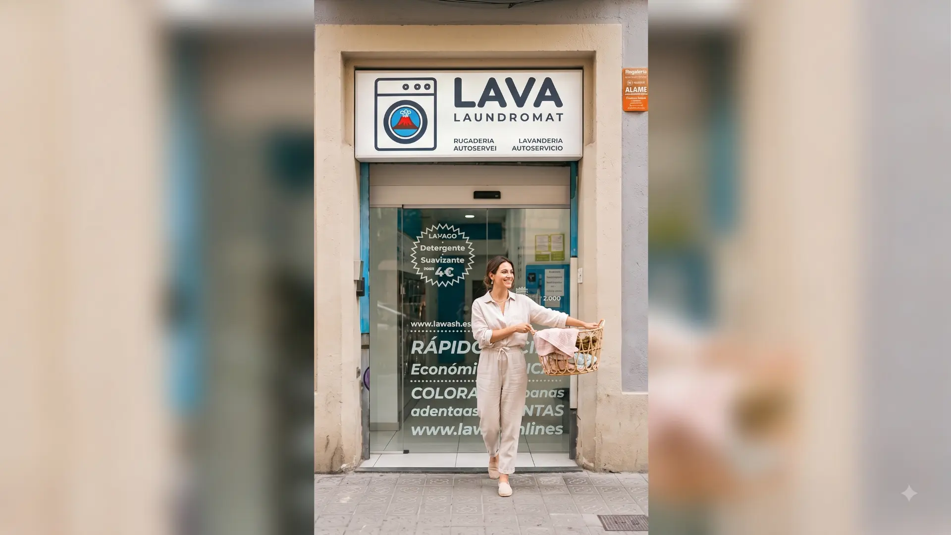 Customer entering the LAVA Laundromat self-service laundry on Carrer del Vallespir, Les Corts, Barcelona