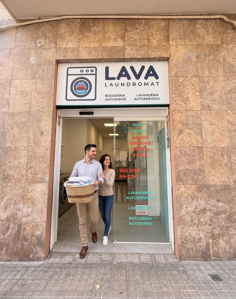 Customer entering LAVA Laundromat at Avinguda de Gaudí 73, Eixample, Barcelona